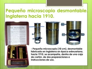 Pequeño microscopio desmontable.
Inglaterra hacia 1910.

- Pequeño microscopio (10 cm), desmontable
fabricado en Inglaterra en época edwuariana,
hacia 1910, se acompaña, dentro de una caja
de cartón, de dos preparaciones e
instrucciones de uso.

 