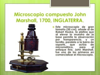 Microscopio compuesto John
Marshall, 1700, INGLATERRA.


Este microscopio de gran
tamaño (50 cm), añade al de
Robert Hooke, la platina que
al elevar la muestra de la
base permite la observación
por transparencia, y un
tornillo, paralelo a la barra de
soporte,
que
actúa
de
micrométrico,
para
el
enfoque fino. John Marshall,
fue uno de los primeros en
comercializar el microscopio.

 