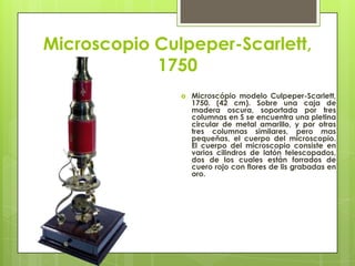 Microscopio Culpeper-Scarlett,
1750


Microscópio modelo Culpeper-Scarlett,
1750. (42 cm). Sobre una caja de
madera oscura, soportada por tres
columnas en S se encuentra una pletina
circular de metal amarillo, y por otras
tres columnas similares, pero mas
pequeñas, el cuerpo del microscopio.
El cuerpo del microscopio consiste en
varios cilindros de latón telescopados,
dos de los cuales están forrados de
cuero rojo con flores de lis grabadas en
oro.

 