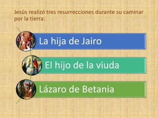 La hija de Jairo
El hijo de la viuda
Lázaro de Betania
Jesús realizó tres resurrecciones durante su caminar
por la tierra:
 