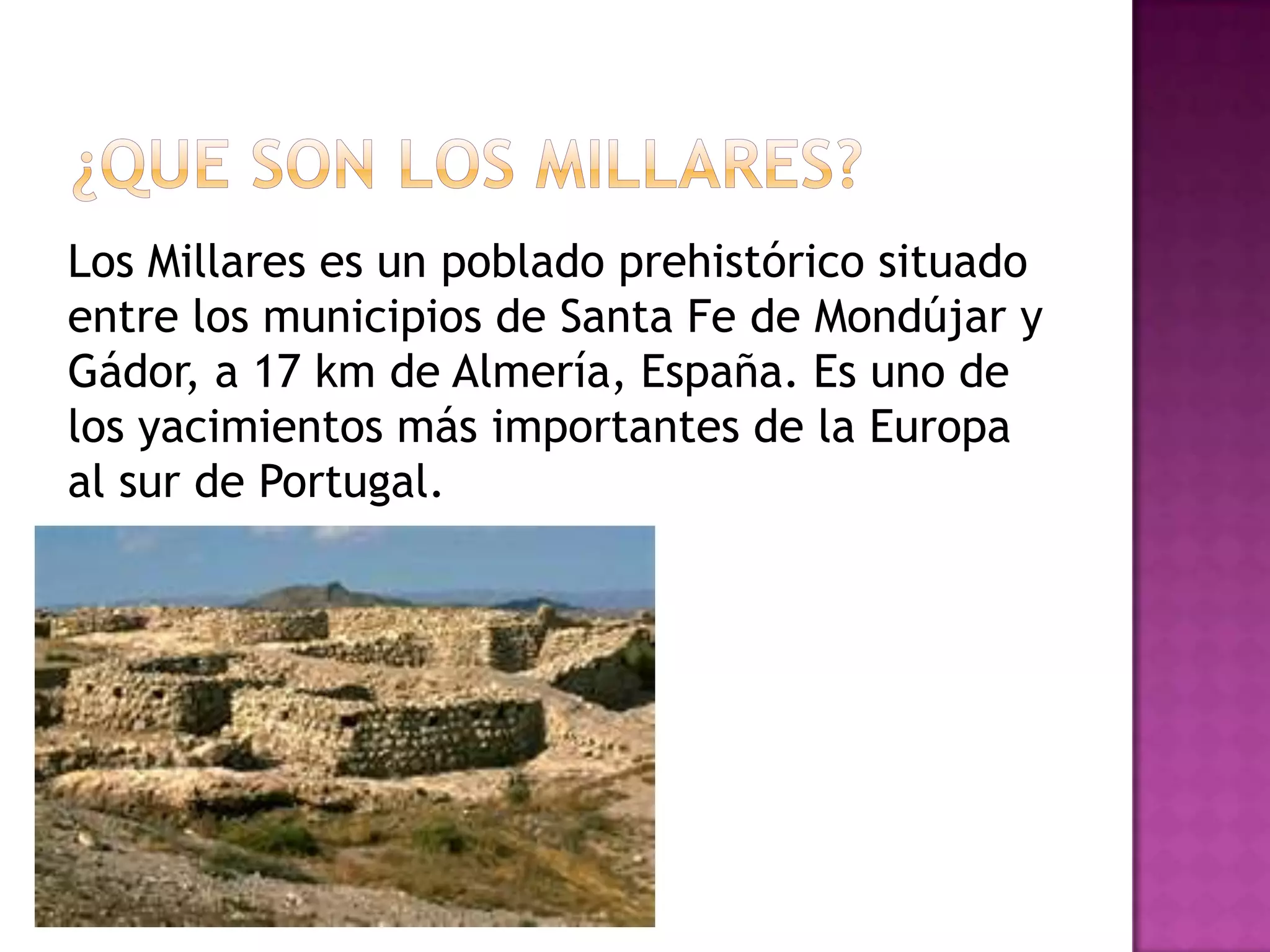 Los Millares es un poblado prehistórico situado
entre los municipios de Santa Fe de Mondújar y
Gádor, a 17 km de Almería, España. Es uno de
los yacimientos más importantes de la Europa
al sur de Portugal.
 