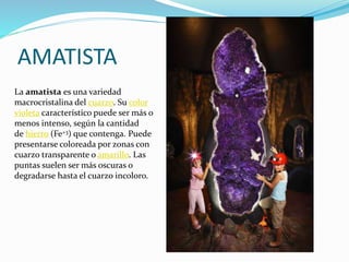 AMATISTA
La amatista es una variedad
macrocristalina del cuarzo. Su color
violeta característico puede ser más o
menos intenso, según la cantidad
de hierro (Fe+3) que contenga. Puede
presentarse coloreada por zonas con
cuarzo transparente o amarillo. Las
puntas suelen ser más oscuras o
degradarse hasta el cuarzo incoloro.
 