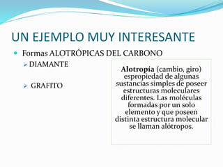 UN EJEMPLO MUY INTERESANTE
 Formas ALOTRÓPICAS DEL CARBONO
 DIAMANTE
 GRAFITO
Alotropía (cambio, giro)
espropiedad de algunas
sustancias simples de poseer
estructuras moleculares
diferentes. Las moléculas
formadas por un solo
elemento y que poseen
distinta estructura molecular
se llaman alótropos.
 