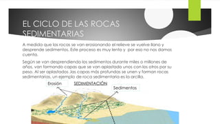 EL CICLO DE LAS ROCAS
SEDIMENTARIAS
A medida que las rocas se van erosionando el relieve se vuelve llano y
desprende sedimentos. Este proceso es muy lento y por eso no nos damos
cuenta.
Según se van desprendiendo los sedimentos durante miles o millones de
años, van formando capas que se van aplastado unos con los otros por su
peso. Al ser aplastados ,las capas más profundas se unen y forman rocas
sedimentarias, un ejemplo de roca sedimentaria es la arcilla.
SEDIMENTACIÓN
Sedimentos
Erosión
 