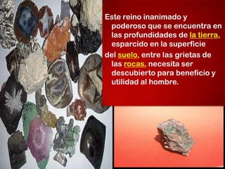 Este reino inanimado y
poderoso que se encuentra en
las profundidades de la tierra,
esparcido en la superficie
del suelo, entre las grietas de
las rocas, necesita ser
descubierto para beneficio y
utilidad al hombre.
 