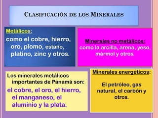 CLASIFICACIÓN DE LOS MINERALES
Metálicos:
como el cobre, hierro,
oro, plomo, estaño,
platino, zinc y otros.
Minerales no metálicos:
como la arcilla, arena, yeso,
mármol y otros.
Los minerales metálicos
importantes de Panamá son:
el cobre, el oro, el hierro,
el manganeso, el
aluminio y la plata.
Minerales energéticos:
El petróleo, gas
natural, el carbón y
otros.
 