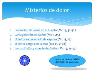 Misterios de dolor

1.
2.
3.
4.
5.

La oración de Jesús en el huerto (Mc 14, 32-42)
La flagelación del Señor (Mc 15,15)
El Señor es coronado de espinas (Mc 15, 17)
El Señor carga con la cruz (Mc 15, 21-22)
La crucifixión y muerte del Señor (Mc 15, 25-37)

Martes y viernes, más los
domingos de Cuaresma.

 