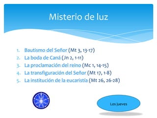 Misterio de luz

1.
2.
3.
4.
5.

Bautismo del Señor (Mt 3, 13-17)
La boda de Caná (Jn 2, 1-11)
La proclamación del reino (Mc 1, 14-15)
La transfiguración del Señor (Mt 17, 1-8)
La institución de la eucaristía (Mt 26, 26-28)

Los jueves

 