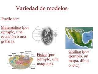 Variedad de modelos
Puede ser:

Matemático (por
ejemplo, una
ecuación o una
gráfica).

                                 Gráfico (por
                  Físico (por    ejemplo, un
                  ejemplo, una   mapa, dibuj
                  maqueta).      o, etc.).
 