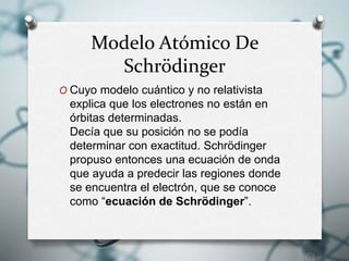 Modelo Atómico De
Schrödinger
O Cuyo modelo cuántico y no relativista
explica que los electrones no están en
órbitas determinadas.
Decía que su posición no se podía
determinar con exactitud. Schrödinger
propuso entonces una ecuación de onda
que ayuda a predecir las regiones donde
se encuentra el electrón, que se conoce
como “ecuación de Schrödinger”.
 