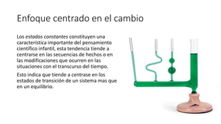 Enfoque centrado en el cambio
Los estados constantes constituyen una
característica importante del pensamiento
científico infantil, esta tendencia tiende a
centrarse en las secuencias de hechos o en
las modificaciones que ocurren en las
situaciones con el transcurso del tiempo.
Esto indica que tiende a centrase en los
estados de transición de un sistema mas que
en un equilibrio.
 