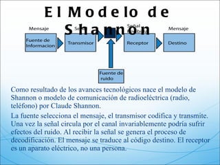 Como resultado de los avances tecnológicos nace el modelo de Shannon o modelo de comunicación de radioeléctrica (radio, teléfono) por Claude Shannon. La fuente selecciona el mensaje, el transmisor codifica y transmite. Una vez la señal circula por el canal invariablemente podría sufrir efectos del ruido. Al recibir la señal se genera el proceso de decodificación. El mensaje se traduce al código destino. El receptor es un aparato eléctrico, no una persona. El Modelo de Shannon 