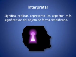 Interpretar
Significa explicar, representa los aspectos más
significativos del objeto de forma simplificada.
 