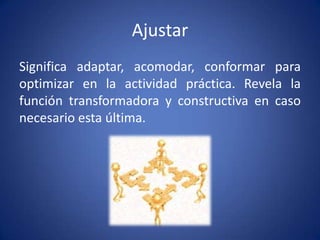 Ajustar
Significa adaptar, acomodar, conformar para
optimizar en la actividad práctica. Revela la
función transformadora y constructiva en caso
necesario esta última.
 