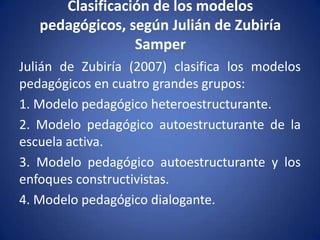 Clasificación de los modelos
   pedagógicos, según Julián de Zubiría
                 Samper
Julián de Zubiría (2007) clasifica los modelos
pedagógicos en cuatro grandes grupos:
1. Modelo pedagógico heteroestructurante.
2. Modelo pedagógico autoestructurante de la
escuela activa.
3. Modelo pedagógico autoestructurante y los
enfoques constructivistas.
4. Modelo pedagógico dialogante.
 