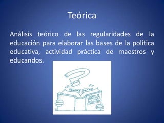 Teórica
Análisis teórico de las regularidades de la
educación para elaborar las bases de la política
educativa, actividad práctica de maestros y
educandos.
 