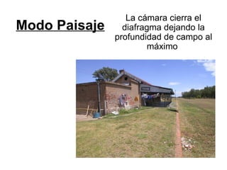 La cámara cierra el
Modo Paisaje     diafragma dejando la
               profundidad de campo al
                        máximo
 