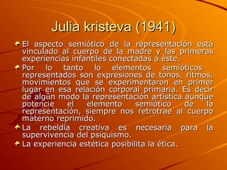 Julia kristeva (1941)
Julia kristeva (1941)
El aspecto semiótico de la representación está
El aspecto semiótico de la representación está
vinculado al cuerpo de la madre y las primeras
vinculado al cuerpo de la madre y las primeras
experiencias infantiles conectadas a éste.
experiencias infantiles conectadas a éste.
Por lo tanto lo elementos semióticos
Por lo tanto lo elementos semióticos
representados son expresiones de tonos, ritmos,
representados son expresiones de tonos, ritmos,
movimientos que se experimentaron en primer
movimientos que se experimentaron en primer
lugar en esa relación corporal primaria. Es decir
lugar en esa relación corporal primaria. Es decir
de algún modo la representación artística aunque
de algún modo la representación artística aunque
potencie el elemento semiótico de la
potencie el elemento semiótico de la
representación, siempre nos retrotrae al cuerpo
representación, siempre nos retrotrae al cuerpo
materno reprimido.
materno reprimido.
La rebeldía creativa es necesaria para la
La rebeldía creativa es necesaria para la
supervivencia del psiquismo.
supervivencia del psiquismo.
La experiencia estética posibilita la ética.
La experiencia estética posibilita la ética.
 