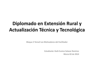 Diplomado en Extensión Rural y
Actualización Técnica y Tecnológica
Bloque 2 Tema2 Los Motivadores del Facilitador
Estudiante: Ruth Eunice Salazar Ramírez
Marzo 02 de 2014
 