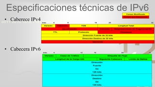 421
0011 0010 1010 1101 0001 0100 1011
• Caberece IPv4
• Cabecera IPv6
Especificaciones técnicas de IPv6
 