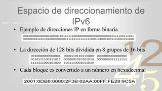 421
0011 0010 1010 1101 0001 0100 1011
Espacio de direccionamiento de
IPv6
• Ejemplo de direcciones IP en forma binaria
• La dirección de 128 bits dividida en 8 grupos de 16 bits
• Cada bloque es convertido a un número en hexadecimal
 