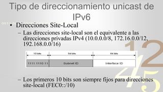 421
0011 0010 1010 1101 0001 0100 1011
Tipo de direccionamiento unicast de
IPv6
• Direcciones Site-Local
– Las direcciones site-local son el equivalente a las
direcciones privadas IPv4 (10.0.0.0/8, 172.16.0.0/12,
192.168.0.0/16)
– Los primeros 10 bits son siempre fijos para direcciones
site-local (FEC0::/10)
 