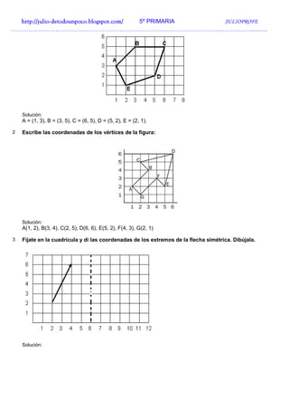 http://julio-
  http://julio -detodounpoco.blogspot.com/ 5º PRIMARIA JULIOPROFE
……………………………………………………………………………………………………………………




    Solución:
    A = (1, 3), B = (3, 5), C = (6, 5), D = (5, 2), E = (2, 1).

2   Escribe las coordenadas de los vértices de la figura:




    Solución:
    A(1, 2), B(3, 4), C(2, 5), D(6, 6), E(5, 2), F(4, 3), G(2, 1)

3   Fíjate en la cuadrícula y di las coordenadas de los extremos de la flecha simétrica. Dibújala.




    Solución:
 