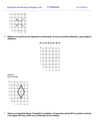 http://julio-
  http://julio -detodounpoco.blogspot.com/ 5º PRIMARIA JULIOPROFE
……………………………………………………………………………………………………………………




6   Dibuja en la cuadrícula las siguientes coordenadas. Si unes los puntos obtenidos, ¿qué polígono
    obtienes?

                                         (3, 1), (2, 3), (3, 5) , (4, 3)




    Solución:
    Es un rombo.




7   Observa el siguiente dibujo. Trasladalo 4 unidades a la izquierda y gíralo 90º en sentido contrario
    a las agujas del reloj. Indica las coordenadas de los vértices.
 