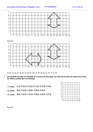 http://julio-
  http://julio -detodounpoco.blogspot.com/ 5º PRIMARIA JULIOPROFE
……………………………………………………………………………………………………………………




    Solución:




    (5, 2), (7, 4), (7, 3), (9, 3), (9, 4), (10, 2), (9, 0), (9, 1), (7, 1), (7, 0)

8   Un náufrafo escribe un mensaje en la arena de una playa. Si unes los puntos de cada serie como
    se indica, podrás leer su mensaje:



    1.ª serie:

    2.ª serie:

    3.ª serie:




    Solución:
 