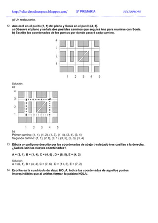 http://julio-
  http://julio -detodounpoco.blogspot.com/ 5º PRIMARIA JULIOPROFE
……………………………………………………………………………………………………………………
   g) Un restaurante.

12 Ana está en el punto (1, 1) del plano y Sonia en el punto (4, 3).
   a) Observa el plano y señala dos posibles caminos que seguirá Ana para reunirse con Sonia.
   b) Escribe las coordenadas de los puntos por donde pasará cada camino.




   Solución:
   a)




   b)
   Primer camino: (1, 1), (1, 2), (1, 3), (1, 4), (2, 4), (3, 4)
   Segundo camino: (1, 1), (2,1), (3, 1), (3, 2), (3, 3), (3, 4)

13 Dibuja un polígono descrito por las coordenadas de abajo trasladado tres casillas a la derecha.
   ¿Cuáles son las nuevas coordenadas?

   A = (3, 1), B = (1, 4), C = (4, 6) , D = (8, 5), E = (4, 2)

   Solución:
   A = (6, 1), B = (4, 4), C = (7, 6) , D = (11, 5), E = (7, 2)

14 Escribe en la cuadrícula de abajo HOLA. Indica las coordenadas de aquellos puntos
   impresindibles que al unirlos forman la palabra HOLA.
 