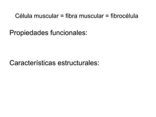 Célula muscular = fibra muscular = fibrocélula
Propiedades funcionales:
Características estructurales:
 