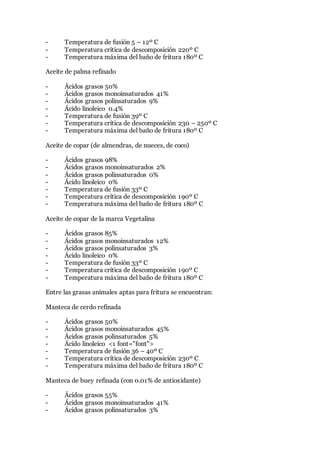 - Temperatura de fusión 5 – 12º C
- Temperatura crítica de descomposición 220º C
- Temperatura máxima del baño de fritura 180º C
Aceite de palma refinado
- Ácidos grasos 50%
- Ácidos grasos monoinsaturados 41%
- Ácidos grasos polinsaturados 9%
- Ácido linoleico 0.4%
- Temperatura de fusión 39º C
- Temperatura crítica de descomposición 230 – 250º C
- Temperatura máxima del baño de fritura 180º C
Aceite de copar (de almendras, de nueces, de coco)
- Ácidos grasos 98%
- Ácidos grasos monoinsaturados 2%
- Ácidos grasos polinsaturados 0%
- Ácido linoleico 0%
- Temperatura de fusión 33º C
- Temperatura crítica de descomposición 190º C
- Temperatura máxima del baño de fritura 180º C
Aceite de copar de la marca Vegetalina
- Ácidos grasos 85%
- Ácidos grasos monoinsaturados 12%
- Ácidos grasos polinsaturados 3%
- Ácido linoleico 0%
- Temperatura de fusión 33º C
- Temperatura crítica de descomposición 190º C
- Temperatura máxima del baño de fritura 180º C
Entre las grasas animales aptas para fritura se encuentran:
Manteca de cerdo refinada
- Ácidos grasos 50%
- Ácidos grasos monoinsaturados 45%
- Ácidos grasos polinsaturados 5%
- Ácido linoleico <1 font="font">
- Temperatura de fusión 36 – 40º C
- Temperatura crítica de descomposición 230º C
- Temperatura máxima del baño de fritura 180º C
Manteca de buey refinada (con 0.01% de antioxidante)
- Ácidos grasos 55%
- Ácidos grasos monoinsaturados 41%
- Ácidos grasos polinsaturados 3%
 