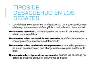 TIPOS DE
DESACUERDO EN LOS
DEBATES
• Los debates se originan en un desacuerdo, para que sea riguroso
el dialogo es necesario definir ¿Sobre qué estamos discutiendo?
Desacuerdos verbales: cuando las personas no están de acuerdo en
el uso de una palabra.
Desacuerdos sobre la verdad de una creencia: se defiende la creencia
con argumentos, atacando o defendiendo
Desacuerdos sobre pertinencia de argumentos: cuando las personas
no están de acuerdo en que el argumento sirve para sustentar la
idea.
Desacuerdo sobre el peso de un argumento: cuando las personas no
están de acuerdo en que el argumento es bueno
 