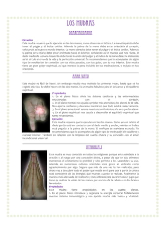 Los MudrasLos MudrasLos MudrasLos Mudras
DHARMACHAKRADHARMACHAKRADHARMACHAKRADHARMACHAKRA
Ejecución
Este mudra requiere que lo ejecutes en las dos manos, como observas en la foto. La mano izquierda debe
tener el pulgar y el índice unidos. Además la palma de la mano debe estar orientada al corazón,
señalando así nuestro mundo interior. La mano derecha debe tener el pulgar y el índice unidos. Además
la palma de la mano debe estar orientada hacia el exterior, señalando así el mundo que nos rodea. El
dedo medio de la mano izquierda debe tocar la unión del pulgar y el índice de la mano derecha indicando
así el círculo eterno de la vida y la perfección universal. Te recomendamos que lo acompañes de algún
tipo de meditación de conexión con tus vidas pasadas, con tus guías, con tu voz interior. Este mudra
tiene un gran poder espiritual, así que merece la pena incluirlo en tus meditaciones, e incluso en tus
oraciones.
APAN VAYUAPAN VAYUAPAN VAYUAPAN VAYU
Este mudra es fácil de hacer, sin embargo resulta muy molesto las primeras veces, hasta que se ha
cogido práctica. Se debe hacer con las dos manos. Es un mudra fabuloso para el descanso y el equilibrio
espiritual.
Propiedades
1. En el plano físico: alivia los dolores cardíacos y las enfermedades
relacionadas con el corazón.
2. En el plano mental: nos ayuda a prestar más atención a los planes de la vida.
Nos aporta confianza y descanso mental en que todo saldrá correctamente.
3. En el plano emocional: serena nuestros sentimientos a la vez que los eleva.
4. En el plano espiritual: nos ayuda a desarrollar el equilibrio espiritual que
tanto necesitamos.
Ejecución
Este mudra requiere que lo ejecutes en las dos manos. Como ves en la foto el
dedo gordo está en contacto con el dedo medio y anular, mientas el índice
está pegado a la palma de la mano. El meñique se mantiene estirado. Te
recomendamos que lo acompañes de algún tipo de meditación de equilibrio y
claridad interior. También en relación con la limpieza del cuarto chakra y su conexión con el amor
incondicional universal.
ATMANJALIATMANJALIATMANJALIATMANJALI
Este mudra es muy conocido en todas las religiones porque está asimilado a la
oración y al ruego por una concesión divina, a pesar de que en sus primeros
momentos el cristianismo lo prohibió y sólo permito a los sacerdotes su uso.
Además en numerosas culturas orientales este gesto es utilizado como
agradecimiento por algo. Seguro que más de una vez lo has realizado, pero
ahora vas a descubrir todo el poder que reside en él para que a partir de ahora
seas consciente de las energías que mueves cuando lo realizas. Realmente la
manera más adecuada de realizarlo y más utilizada para sacarle todo el jugo que
tiene es realizar la unión de las manos por encima de la cabeza con los brazos
levantados.
Propiedades
Este mudra tiene propiedades en los cuatro planos.
1. En el plano físico: introduce y regenera la energía corporal fortaleciendo
nuestro sistema inmunológico y nos aporta mucha más fuerza y vitalidad.
 