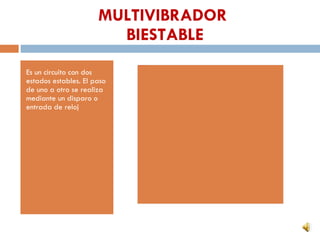 MULTIVIBRADOR BIESTABLE Es un circuito con dos estados estables. El paso de uno a otro se realiza mediante un disparo o entrada de reloj