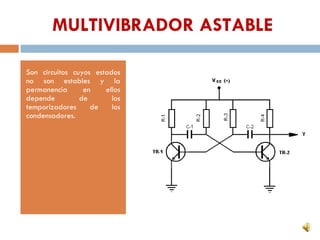 MULTIVIBRADOR ASTABLE Son circuitos cuyos estados no son estables y la permanencia en ellos depende de los temporizadores de los condensadores.