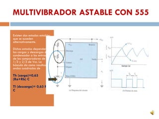 MULTIVIBRADOR ASTABLE CON 555 Existen dos estados estables que se suceden alternativamente. Dichos estados dependen de las cargas y descargas del condensador a las entradas de los comparadores de 1/3 y 2/3 de Vcc. La báscula da como resultado ondas cuadradas de Th (carga)=0,63 (Ra+Rb) C Tl (descarga)= 0,63 Rb C
