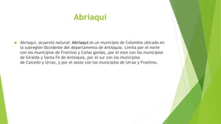 Abriaqui
 Abriaquí, acuarela natural: Abriaquí es un municipio de Colombia ubicado en
la subregión Occidente del departamento de Antioquia. Limita por el norte
con los municipios de Frontino y Cañas gordas, por el este con los municipios
de Giraldo y Santa Fe de Antioquia, por el sur con los municipios
de Caicedo y Urrao, y por el oeste con los municipios de Urrao y Frontino.
 