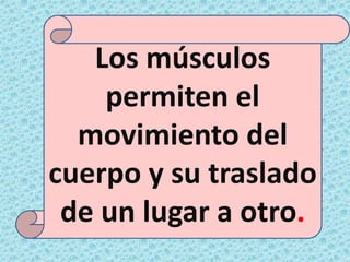 Los músculos
permiten el
movimiento del
cuerpo y su traslado
de un lugar a otro.
 