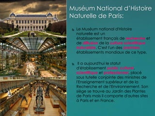  Le Muséum national d'Histoire
naturelle est un
établissement français de recherche et
de diffusion de la culture scientifique
naturaliste. C'est l'un des premiers
établissements mondiaux de ce type.
 Il a aujourd'hui le statut
d'établissement public culturel,
scientifique et professionnel, placé
sous tutelle conjointe des ministres de
l'Enseignement supérieur et de la
Recherche et de l'Environnement. Son
siège se trouve au Jardin des Plantes
de Paris mais il comporte d'autres sites
à Paris et en France.
Muséum National d’Histoire
Naturelle de Paris:
 Le Muséum national d'Histoire
naturelle est un
établissement français de recherche et
de diffusion de la culture scientifique
naturaliste. C'est l'un des premiers
établissements mondiaux de ce type.
 Il a aujourd'hui le statut
d'établissement public culturel,
scientifique et professionnel, placé
sous tutelle conjointe des ministres de
l'Enseignement supérieur et de la
Recherche et de l'Environnement. Son
siège se trouve au Jardin des Plantes
de Paris mais il comporte d'autres sites
à Paris et en France.
 