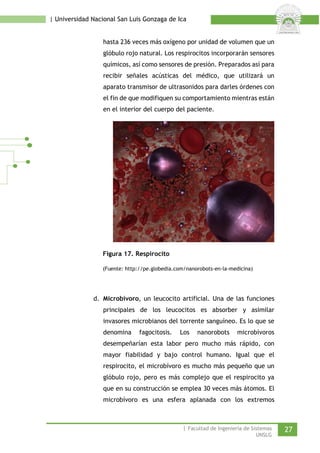 | Universidad Nacional San Luis Gonzaga de Ica 
hasta 236 veces más oxígeno por unidad de volumen que un glóbulo rojo natural. Los respirocitos incorporarán sensores químicos, así como sensores de presión. Preparados así para recibir señales acústicas del médico, que utilizará un aparato transmisor de ultrasonidos para darles órdenes con el fin de que modifiquen su comportamiento mientras están en el interior del cuerpo del paciente. 
Figura 17. Respirocito 
(Fuente: http://pe.globedia.com/nanorobots-en-la-medicina) 
d. Microbívoro, un leucocito artificial. Una de las funciones principales de los leucocitos es absorber y asimilar invasores microbianos del torrente sanguíneo. Es lo que se denomina fagocitosis. Los nanorobots microbívoros desempeñarían esta labor pero mucho más rápido, con mayor fiabilidad y bajo control humano. Igual que el respirocito, el microbívoro es mucho más pequeño que un glóbulo rojo, pero es más complejo que el respirocito ya que en su construcción se emplea 30 veces más átomos. El microbívoro es una esfera aplanada con los extremos | Facultad de Ingeniería de Sistemas 27 
UNSLG 
 