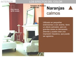 INTERIOR            LOS EFECTOS DEL COLOR
                    Torbellino de Durazno

      Rojo Henna
      30YR 14/365
                    80YR 57/293
                                            Naranjas
                                            calmos

                                     Utilizado en pequeñas
                                     extensiones o con acento, tiene
                                     un efecto activador, pero en
                                     grandes áreas es demasiado
                                     atrevido y puede crear una
                                     impresión impulsiva, que puede
                                     ser agresiva.
 