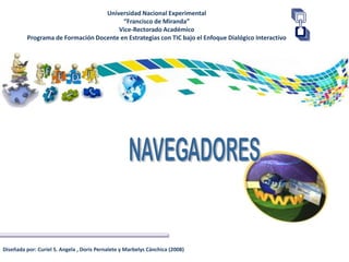 Universidad Nacional Experimental
                                         “Francisco de Miranda”
                                       Vice-Rectorado Académico
          Programa de Formación Docente en Estrategias con TIC bajo el Enfoque Dialógico Interactivo




Diseñada por: Curiel S. Angela , Doris Pernalete y Marbelys Cánchica (2008)
 