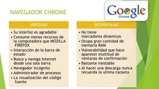 NAVEGADOR CHROME
VENTAJAS
• Su interfaz es agradable
• Consume menos recursos de
la computadora que MOZILLA
FIREFOX
• Interacción de la barra de
estado
• Busca y navega Internet
desde una sola barra
• Navegador incógnito
• Administrador de procesos
• La visualización del código
fuente
DESVENTAJAS
• No tiene
marcadores dinámicos
• Ocupa gran cantidad de
memoria RAM
• Vulnerabilidad que hace
aparecer multitud de
ventanas de confirmación
• Bastante inestable
• Al hacer una descarga nunca
recuerda la ultima carpeta
 