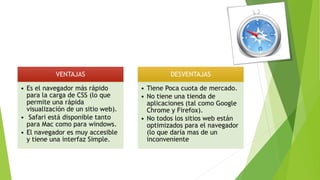 VENTAJAS
• Es el navegador más rápido
para la carga de CSS (lo que
permite una rápida
visualización de un sitio web).
• Safari está disponible tanto
para Mac como para windows.
• El navegador es muy accesible
y tiene una interfaz Simple.
DESVENTAJAS
• Tiene Poca cuota de mercado.
• No tiene una tienda de
aplicaciones (tal como Google
Chrome y Firefox).
• No todos los sitios web están
optimizados para el navegador
(lo que daría mas de un
inconveniente
 