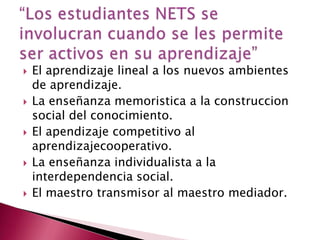 “Los estudiantes NETS se involucran cuando se les permite ser activos en su aprendizaje”El aprendizaje lineal a los nuevos ambientes de aprendizaje.La enseñanza memoristica a la construccion social del conocimiento.El apendizaje competitivo al aprendizajecooperativo.La enseñanza individualista a la interdependencia social.El maestro transmisor al maestro mediador.
