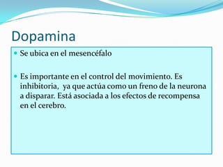 Dopamina
 Se ubica en el mesencéfalo


 Es importante en el control del movimiento. Es
 inhibitoria, ya que actúa como un freno de la neurona
 a disparar. Está asociada a los efectos de recompensa
 en el cerebro.
 