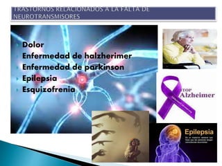  Dolor
 Enfermedad de halzherimer
 Enfermedad de parkinson
 Epilepsia
 Esquizofrenia
 