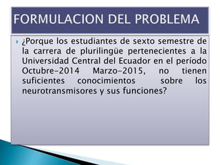  ¿Porque los estudiantes de sexto semestre de
la carrera de plurilingüe pertenecientes a la
Universidad Central del Ecuador en el período
Octubre-2014 Marzo-2015, no tienen
suficientes conocimientos sobre los
neurotransmisores y sus funciones?
 