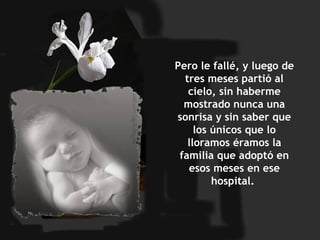 Pero le fallé, y luego de tres meses partió al cielo, sin haberme mostrado nunca una sonrisa y sin saber que los únicos que lo lloramos éramos la familia que adoptó en esos meses en ese hospital.  